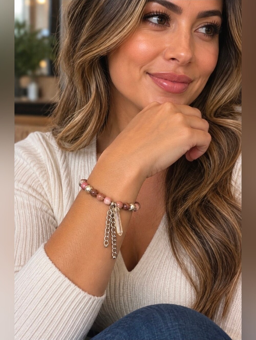 Beaded Pink Jasper Bracelet with Silver Charm